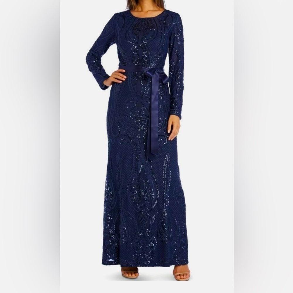 R&M Richards Elegant Navy Sequin Evening Gown